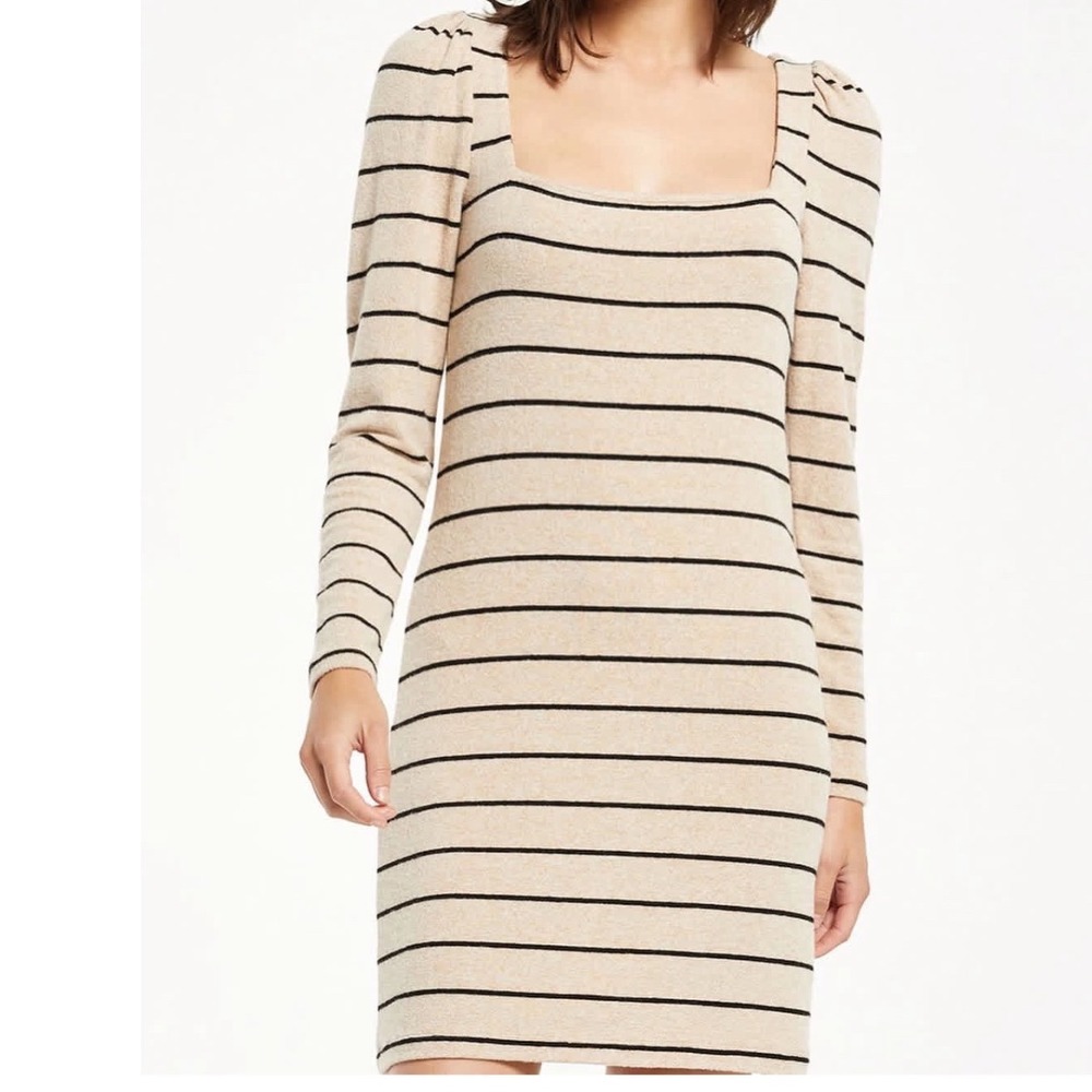Z Supply Loren Stripe Marled Dress Oatmeal Tan Black Square Neck Mini Small NWT
